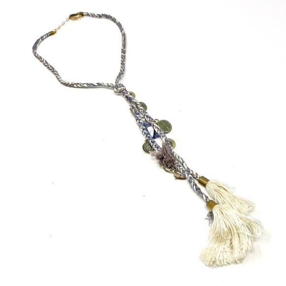New Free People Coin Tassel Necklace Textile Gold Purple Cream - Picture 5 of 7